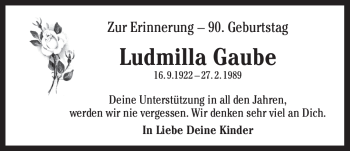 Traueranzeige von Ludmilla Gaube von Pegnitz-Zeitung